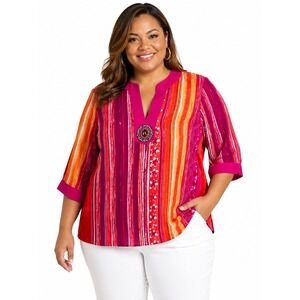 Kim Rogers Signature Artisan 2X Pink Orange Striped Beaded Medallion Tunic Top